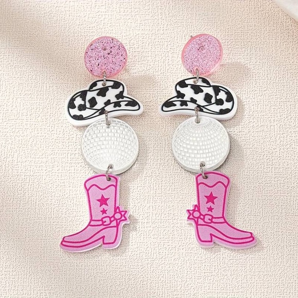Jewelry - Western Cowgirl Hat Disco Ball Boots Design Dangle Earrings